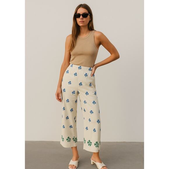 Zara Women's Pants Wide Leg Embroidered Flowers Cream Green/Blue Size Large - Picture 1 of 13